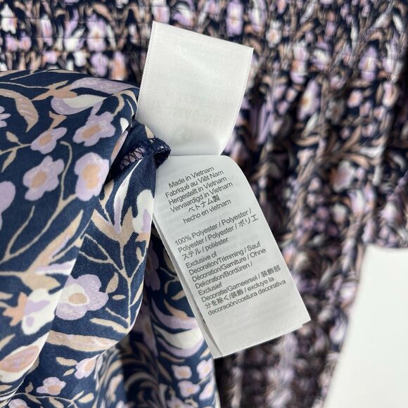 J Crew Dress Size Large Navy Purple Smocked Waist Floral Fields Mini V Neck - Picture 9 of 11